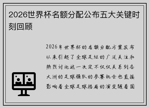 2026世界杯名额分配公布五大关键时刻回顾