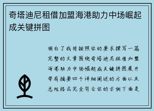 奇塔迪尼租借加盟海港助力中场崛起成关键拼图