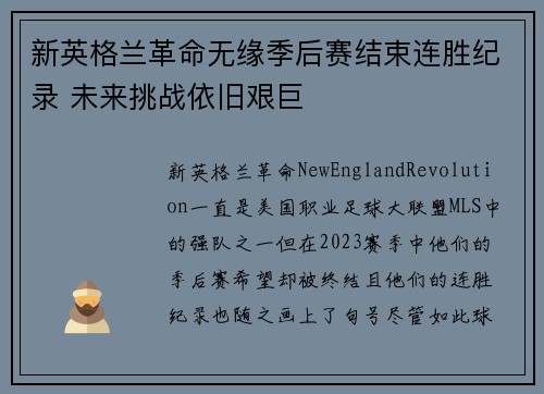新英格兰革命无缘季后赛结束连胜纪录 未来挑战依旧艰巨 新英格兰革命无缘季后赛结束连胜纪录 未来挑战依旧艰巨